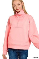 Zenana Scuba Half Zip Sweatshirt with Pockets DK PINK OutfitFlow