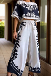 Printed Half Sleeve Top and Wide Leg Pants Set White OutfitFlow