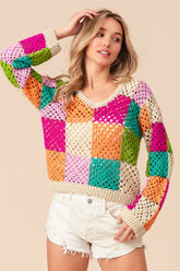 BiBi Multi Color Checkered Long Sleeve Knit Top Oatmeal Multi OutfitFlow