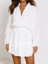 Ruffled Notched Balloon Sleeve Mini Dress White OutfitFlow