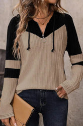 Drawstring Quarter Zip Contrast Long Sleeve Hoodie Mocha OutfitFlow
