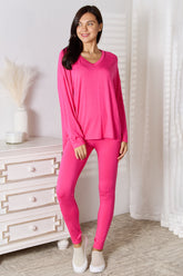 Basic Bae Full Size V-Neck Soft Rayon Long Sleeve Top and Pants Lounge Set Hot Pink OutfitFlow