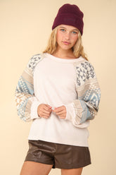 VERY J Printed Long Sleeve Round Neck Knit Top Cream OutfitFlow