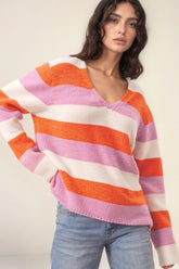 Color Block V-Neck Long Sleeve Sweater Tangerine OutfitFlow
