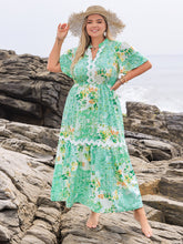 Plus Size Printed Notched Short Sleeve Maxi Dress Gum Leaf OutfitFlow