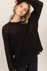 HYFVE Distressed Long Sleeve Knit Top Black OutfitFlow