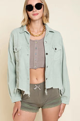 POL Button Down Corduroy Trucker Jacket Sage OutfitFlow