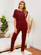 Boat Neck Top and Pants Lounge Set Burgundy OutfitFlow