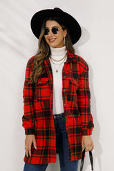 Shiny Plaid Collared Longline Coat Deep Red OutfitFlow