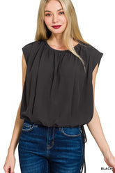 Zenana Woven Drawstring Tie Side Sleeveless Top BLACK OutfitFlow