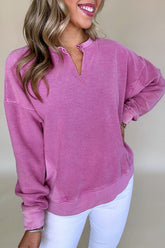 Notched Drop Shoulder Long Sleeve Sweatshirt Red-Violet OutfitFlow