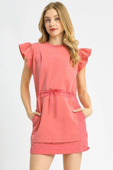 Umgee Luxe knit Ruffle Sleeve Drawstring Mini Dress Strawberry OutfitFlow