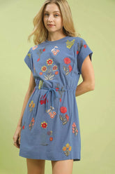 Umgee Embroidered Floral Mini Dress with Waist Tie DENIM OutfitFlow
