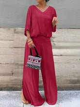V-Neck Top and Wide Leg Pants Two-Piece Set Deep Red OutfitFlow