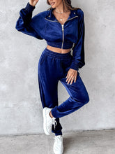 Zip Up Long Sleeve Cropped Top and Joggers Set Navy OutfitFlow