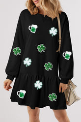 Clover Beer Patched Ruffle Hem Dress Black OutfitFlow