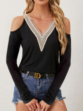 V-Neck Cold Shoulder Long Sleeve T-Shirt Black OutfitFlow