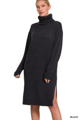Zenana Turtle Neck Long Sleeve Midi Sweater Dress BLACK OutfitFlow