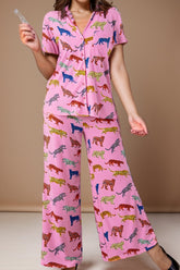 Animal Button Up Top and Pants Lounge Set Pink OutfitFlow