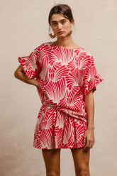 BiBi Print Woven Ruffled Sleeves Top FUCHSIA OutfitFlow