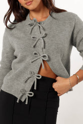 Bow Round Neck Long Sleeve Cardigan Gray OutfitFlow