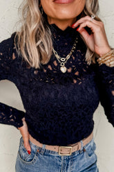 Crochet Turtleneck Long Sleeve Top Black OutfitFlow