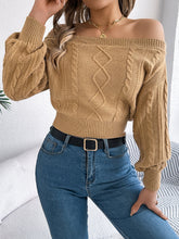 Cable Knit Off-Shoulder Long Sleeve Sweater Camel OutfitFlow