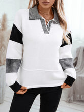 Striped Johnny Collar Drop Shoulder Sweater White OutfitFlow