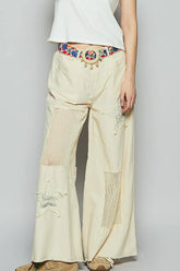 POL Raw Hem Star Patch Wide leg Pants Cream OutfitFlow