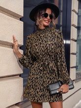 Printed Tie Waist Long Sleeve Dress Taupe OutfitFlow