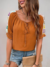 Perfee Tied Crochet Detail Short Sleeve Blouse Pumpkin OutfitFlow