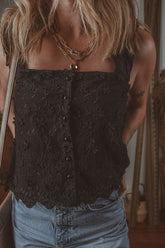 Embroidered Square Neck Wide Strap Tank Black OutfitFlow