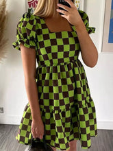 Checkered Short Sleeve Tiered Mini Dress Green OutfitFlow