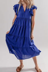 Ruffled Short Sleeve Collared V Neck Tiered Midi Dress Light Indigo OutfitFlow