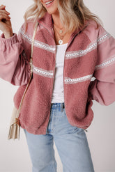 Lace Detail Zip Up Sherpa Patchwork Jacket Dusty Pink S OutfitFlow
