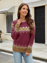 Contrast Round Neck Long Sleeve Sweater Cerise OutfitFlow