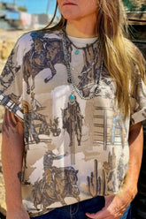 Cowboy Print Round Neck Short Sleeve T Shirt Khaki OutfitFlow