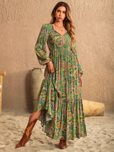 Printed Tie Neck Long Sleeve Dress Matcha Green OutfitFlow
