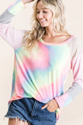 BiBi Tie Dye Terry Top with Color Block Pointelle Knit PASTEL TIE DYE OutfitFlow