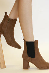 Beast Fashion Faux Suede Block Heel Chelsea Boots with Elastic Side Panel Coffee Brown OutfitFlow