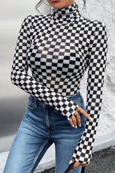 Checkered Turtleneck Long Sleeve Bodysuit Black OutfitFlow