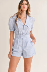 MABLE Striped Puff Sleeve Collared Neck Romper Lt Blue OutfitFlow