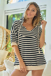 BiBi Stripe Fleece Notch Neck Short Sleeve Hoodie BLACK CREAM OutfitFlow