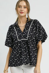 Umgee Bow Print Puff Sleeve Blouse Black OutfitFlow
