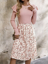 Ruffled Floral Long Sleeve Knee Length Dress Blush Pink OutfitFlow