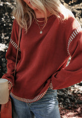 Striped Detail Round Neck Dropped Shoulder Sweater Burgundy OutfitFlow