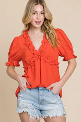 Lime 'N' Chili Solid Ruffled Deep V-Neck Puff Sleeve Babydoll Top ORANGE OutfitFlow