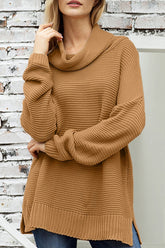 Side Slit Turtleneck Long Sleeve Sweater Caramel OutfitFlow