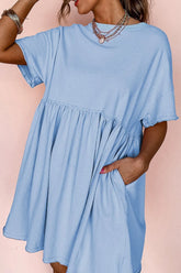 Round Neck Half Sleeve Mini Tee Dress Light Blue OutfitFlow