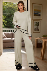 High-Low Round Neck Top and Pants Sweater Set Cream One Size OutfitFlow